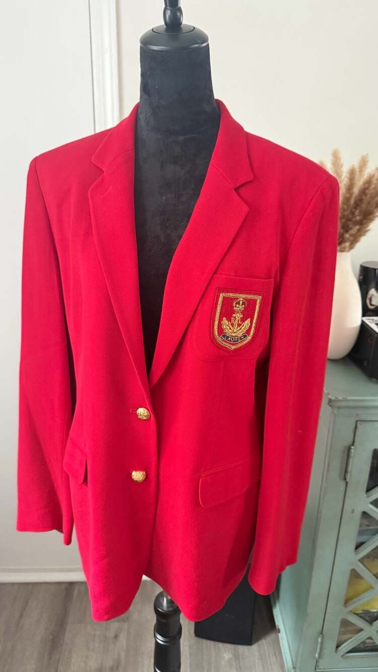 Lauren Ralph Lauren Vintage Red Worsted Wool Blazer with Gold Crest and Buttons - Picture 2 of 10